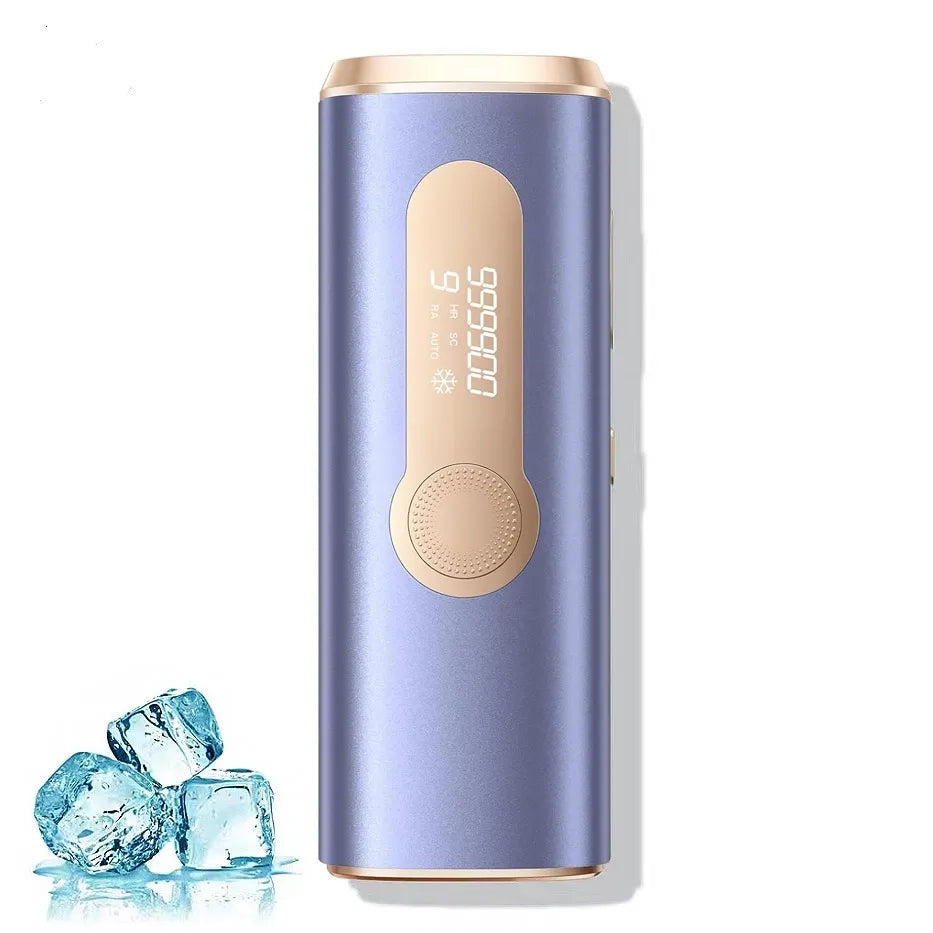 Purple and gold ZenHairo Laser Hair Removal device with digital display, accompanied by ice cubes on a white background
