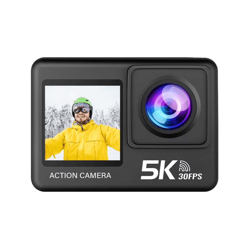 ZinoxCam Action Camera with 5K and 30FPS display on a green background