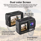 ZinoxCam Action Camera with dual color screens and features highlighted on a blurred background.