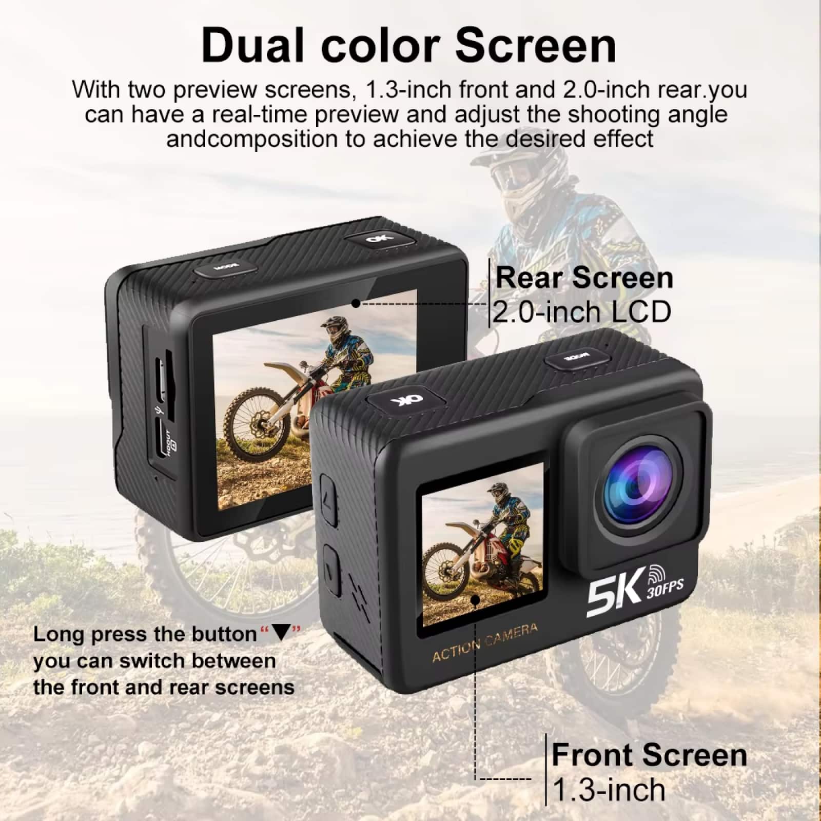ZinoxCam Action Camera with dual color screens and features highlighted on a blurred background.