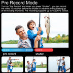 Family fishing by a lake with text about pre-record mode on a smartphone screen.