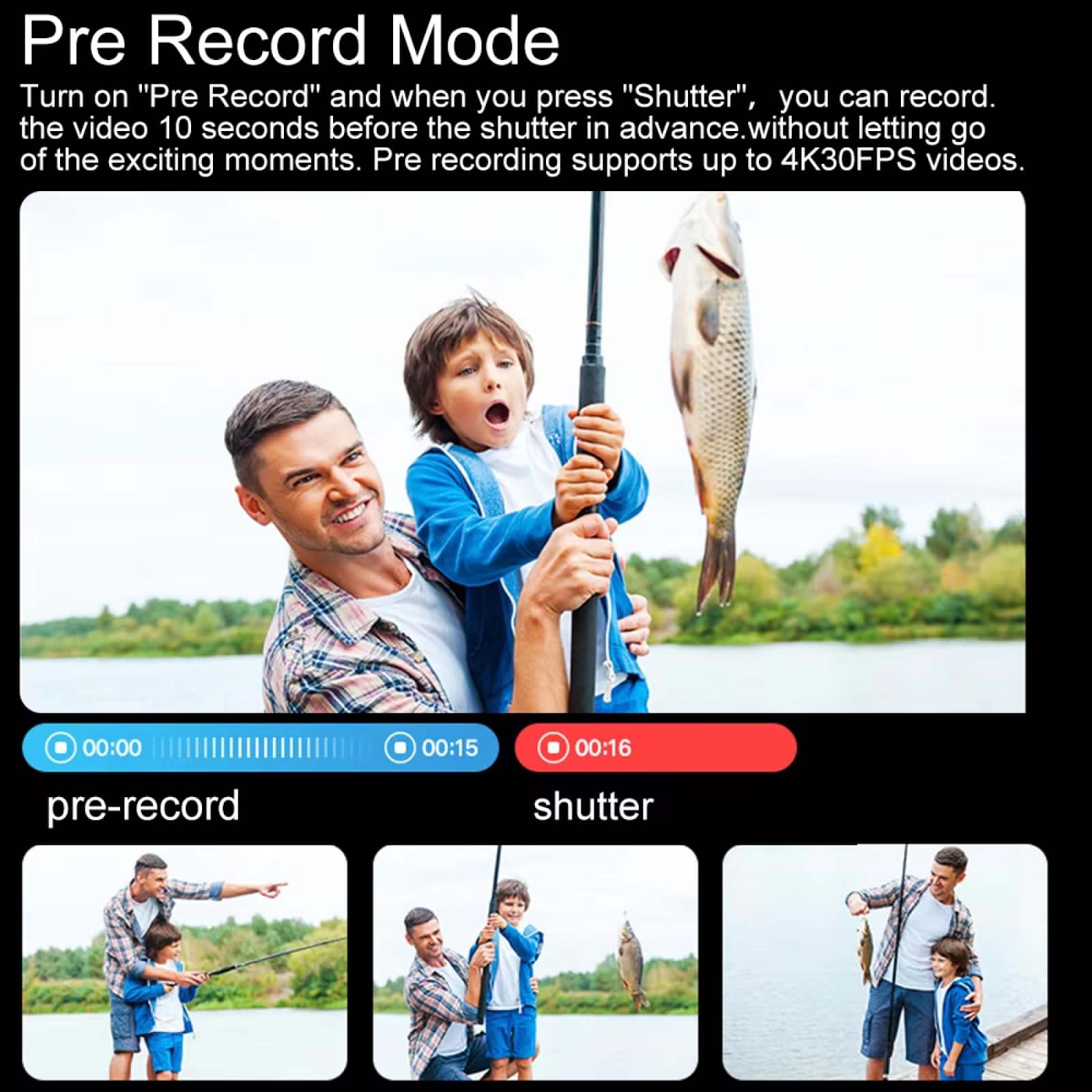 Family fishing by a lake with text about pre-record mode on a smartphone screen.