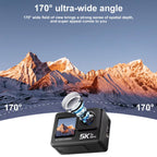 ZinoxCam Action Camera with 170-degree ultra-wide angle lens displaying a mountainous landscape.