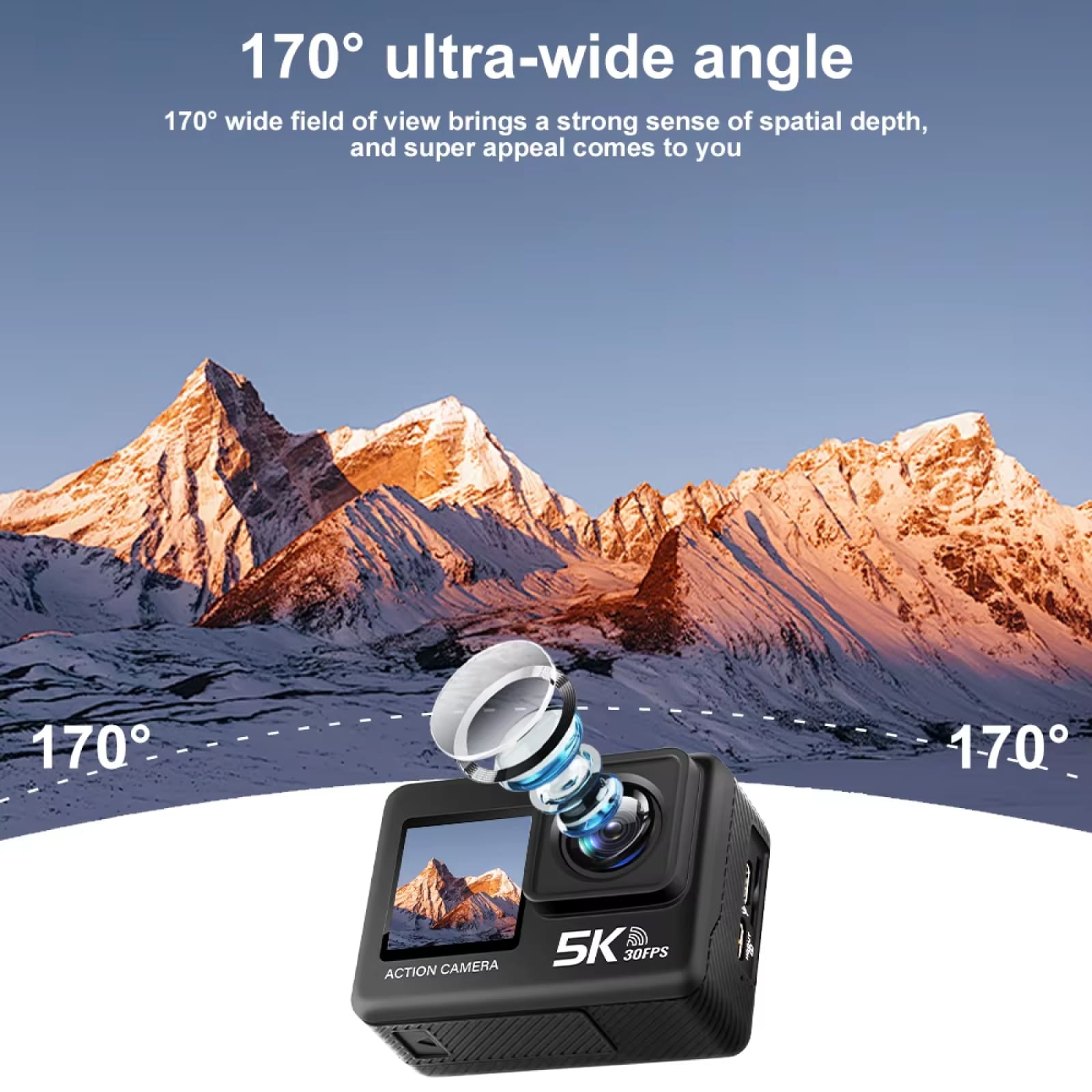 ZinoxCam Action Camera with 170-degree ultra-wide angle lens displaying a mountainous landscape.
