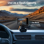 Car dashboard with a dash ZinoxCam Action Camera displaying a scenic road and mountains.