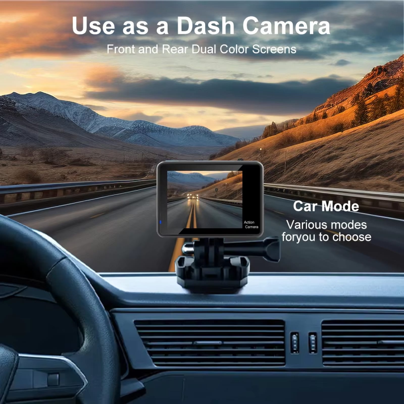 Car dashboard with a dash ZinoxCam Action Camera displaying a scenic road and mountains.