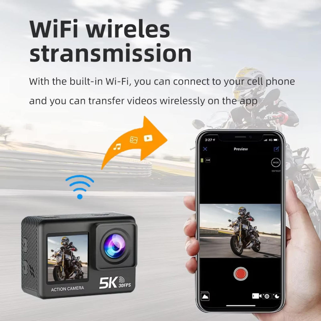 ZinoxCam Action Camera with smartphone displaying video on a road background, emphasizing WiFi wireless transmission.