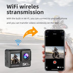 ZinoxCam Action Camera with smartphone displaying video on a road background, emphasizing WiFi wireless transmission.