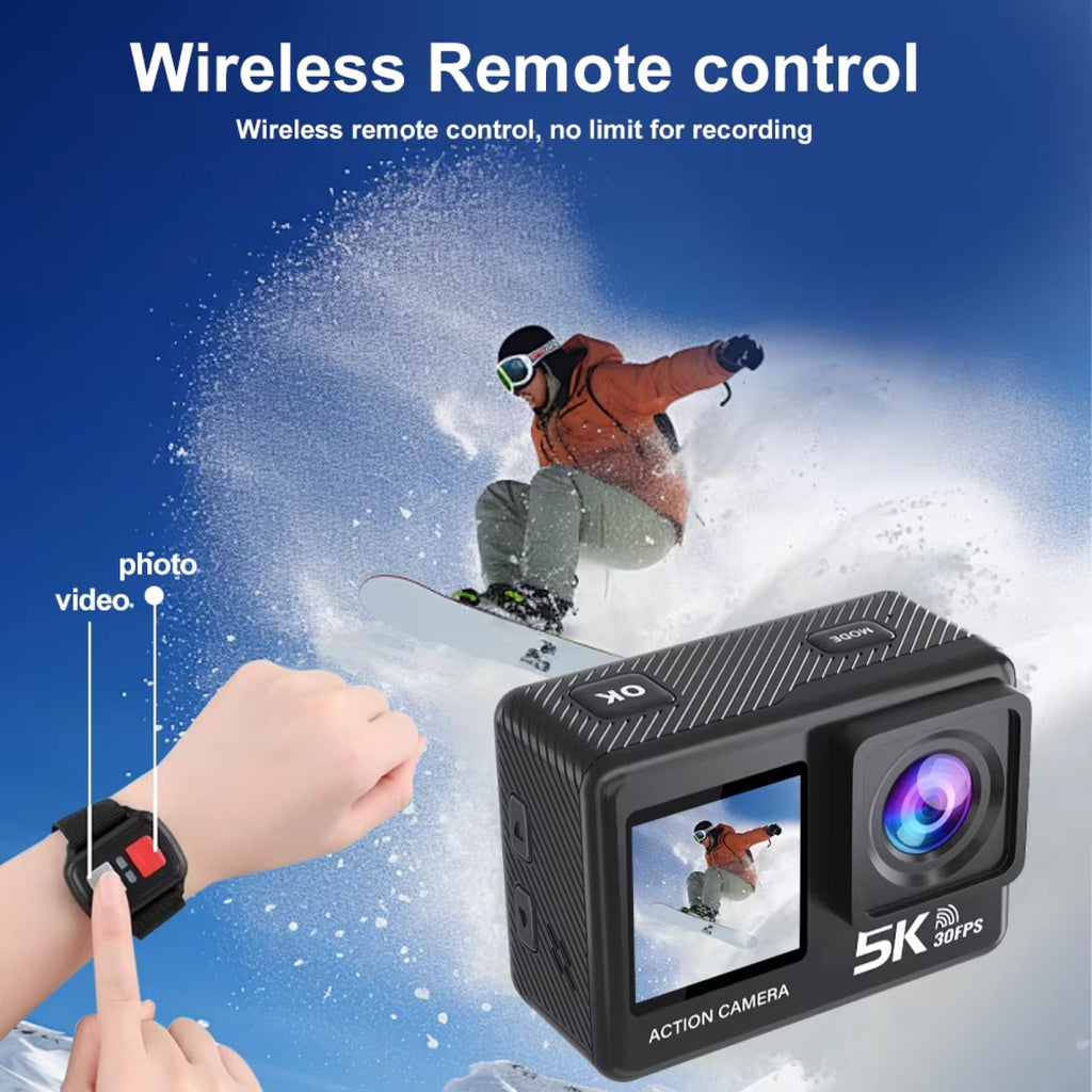 ZinoxCam Action Camera with wireless remote control being used by a person snowboarding, with text highlighting features.