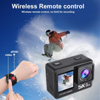ZinoxCam Action Camera with wireless remote control being used by a person snowboarding, with text highlighting features.