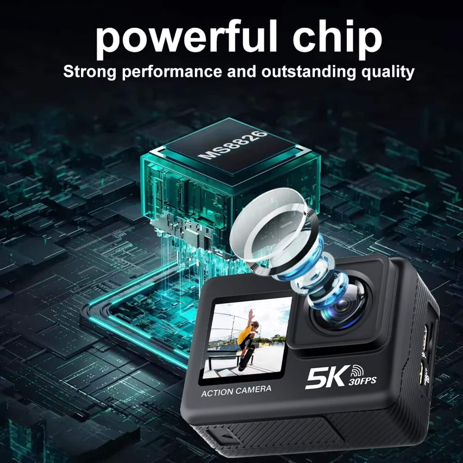 ZinoxCam Action Camera with a powerful chip on a dark background