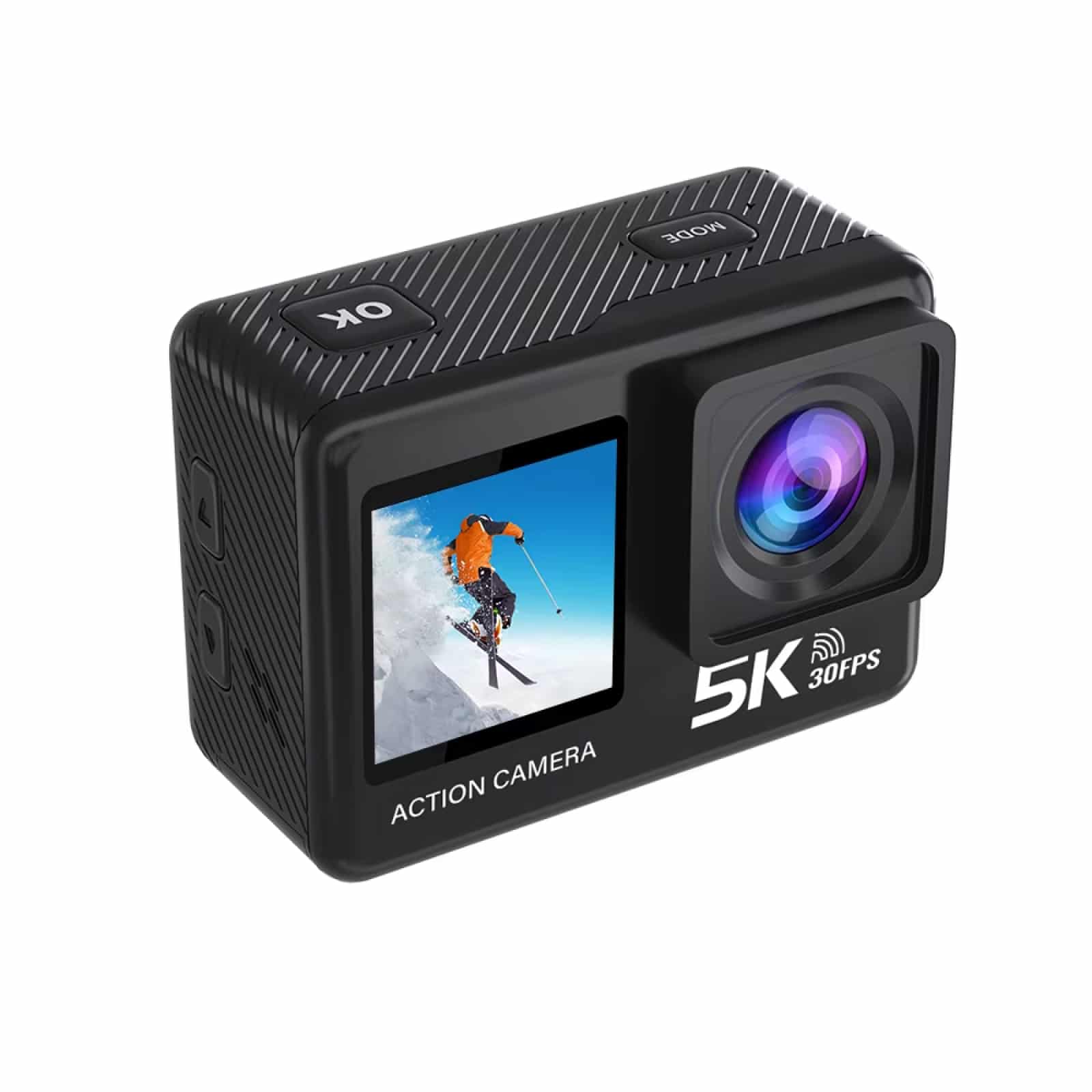 Black ZinoxCam Action Camera with screen displaying a skier on a white background