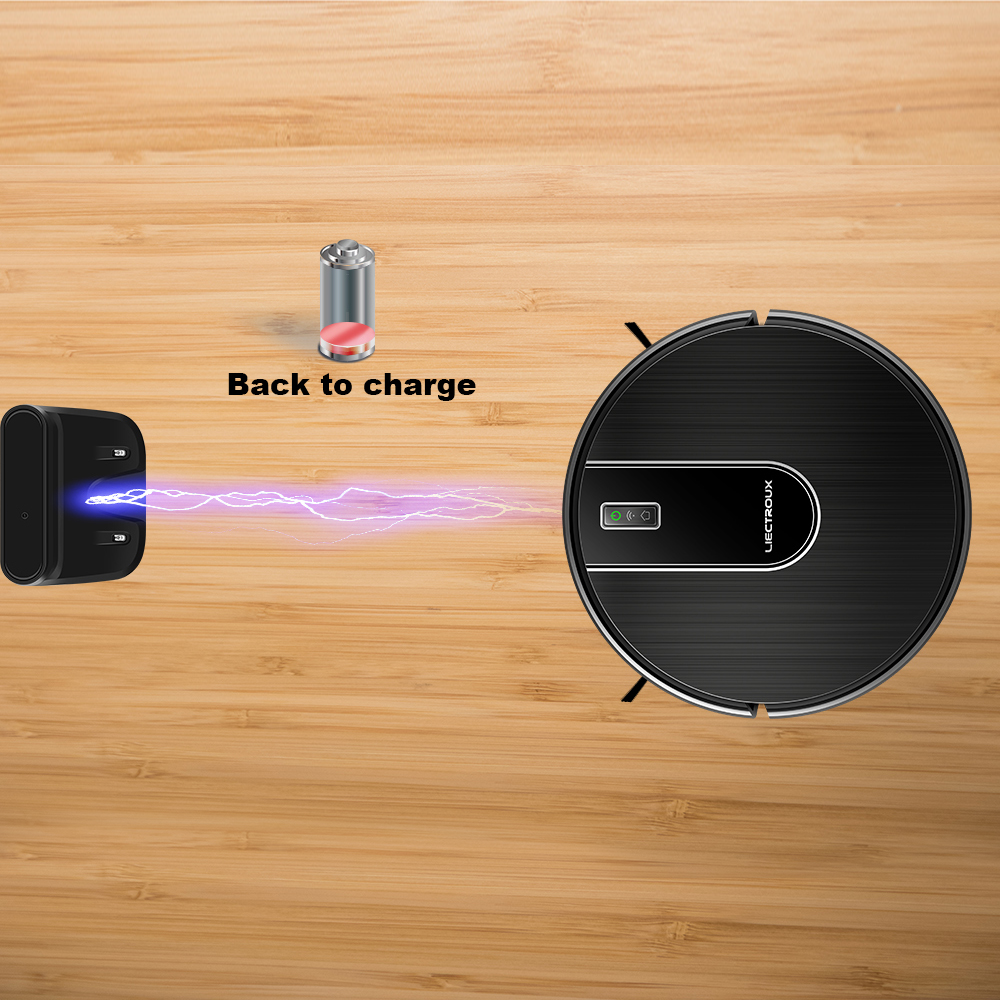 Zonelia Robot Vacuum on a wooden floor with charging station and battery icon.