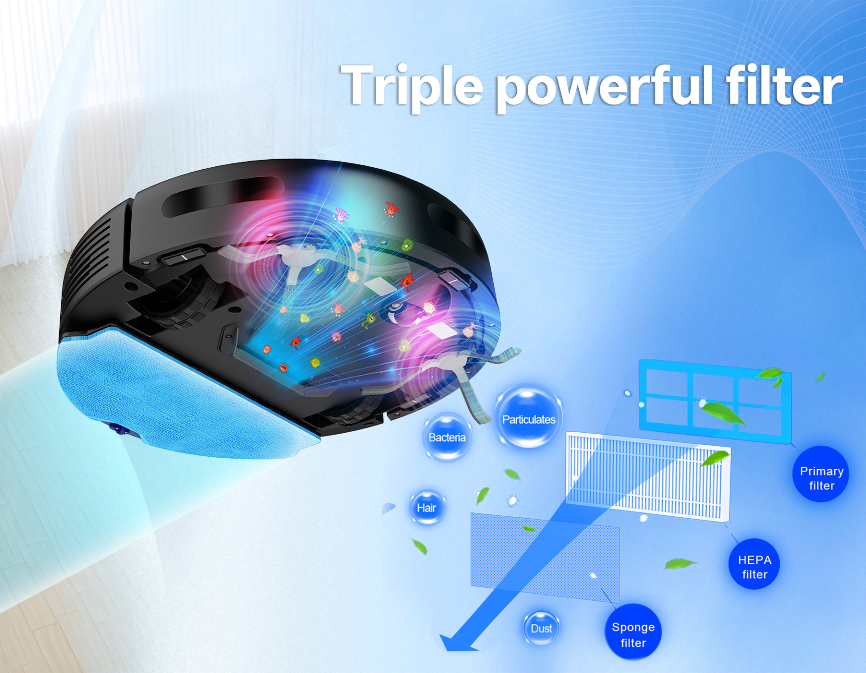 Zonelia Robot Vacuum with a diagram of its filtration system on a blue background