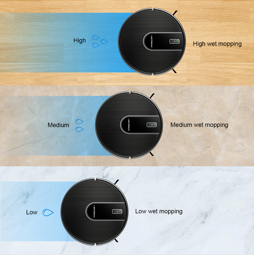 Zonelia Robot Vacuum on different floor types with labeled wet mopping levels.