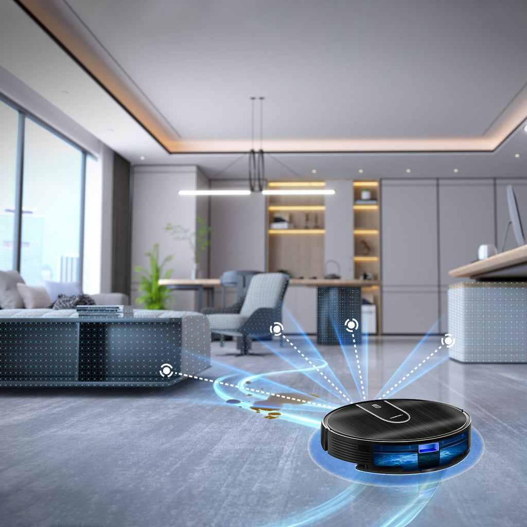 Zonelia Robot Vacuum in a modern living room with smart mapping technology displayed.