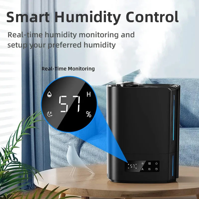 Black Zynova Humidifier with digital display on a table, surrounded by plants and a window with blue curtains.