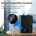 Black Zynova Humidifier with digital display on a table, surrounded by plants and a window with blue curtains.