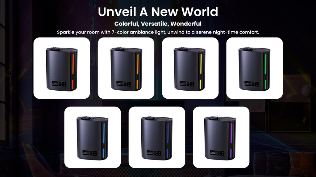 Zynova Humidifier display with colorful cylindrical devices on a dark background