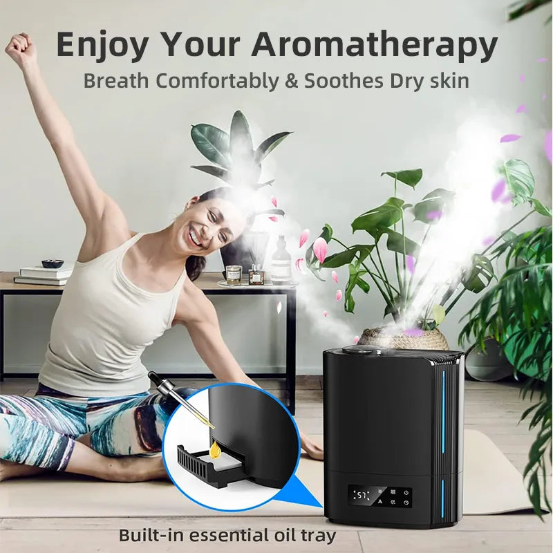 Woman practicing yoga with an aromatherapy diffuser in a home setting, featuring text about aromatherapy benefits.