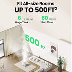 Living room with a Zynova Humidifier, showcasing features like large tank capacity and run time.