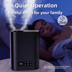 Zynova Humidifier with a woman sleeping in the background, emphasizing quiet operation.