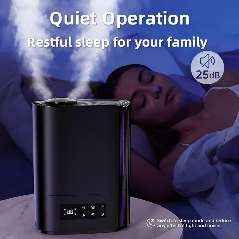 Zynova Humidifier with a woman sleeping in the background, emphasizing quiet operation.