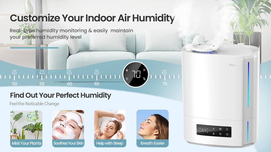 Zynova Humidifier with digital display on a white background, featuring text about indoor air humidity customization.