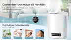 Zynova Humidifier with digital display on a white background, featuring text about indoor air humidity customization.