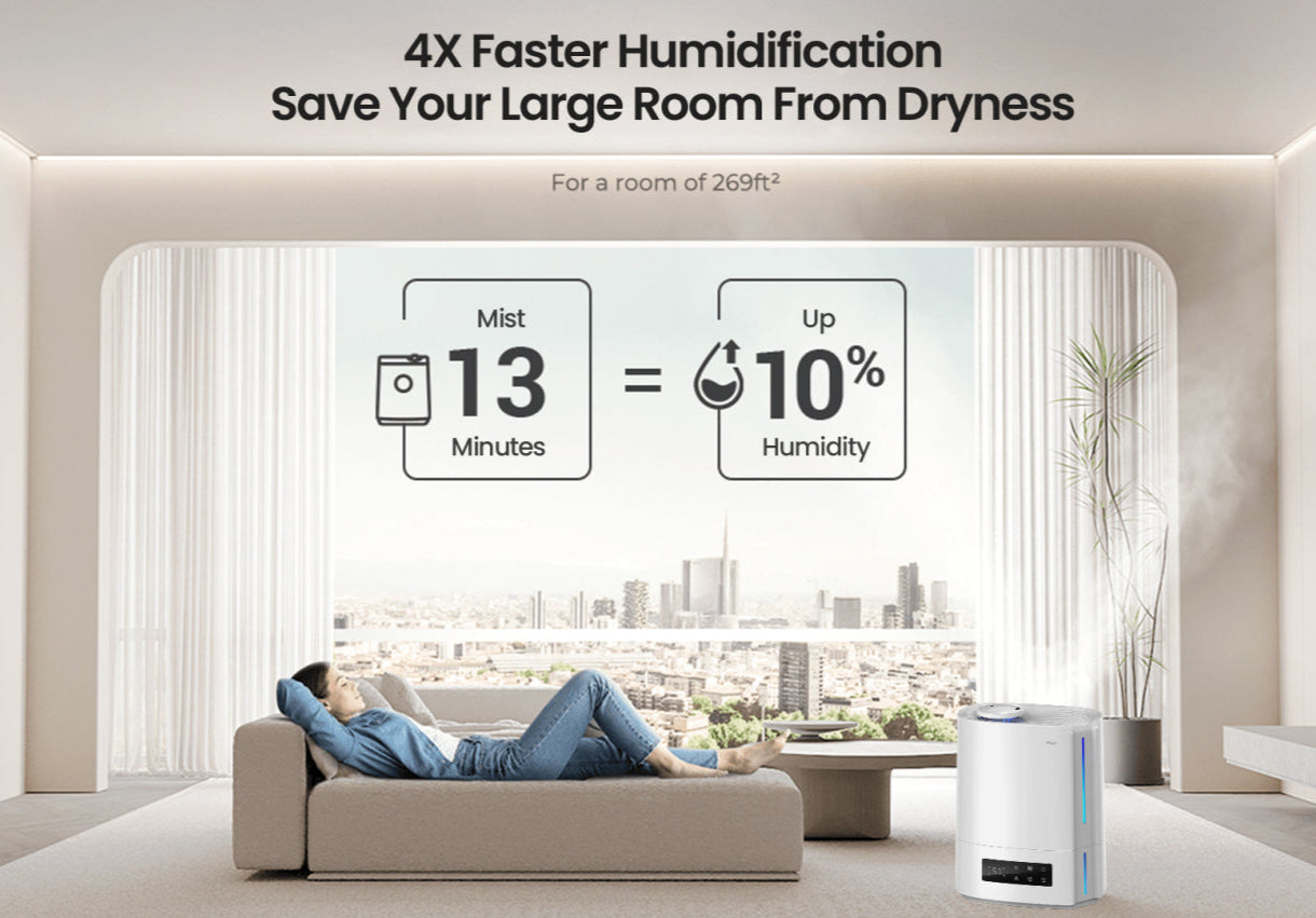 Zynova Humidifier with text on faster humidification in a room with a city view.