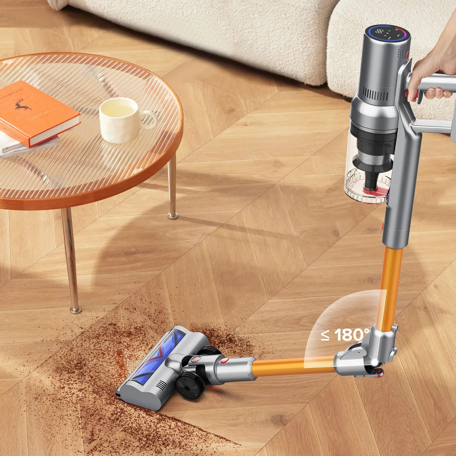 Zynova vacuum cleaner cleaning a wooden floor with a table and sofa in the background