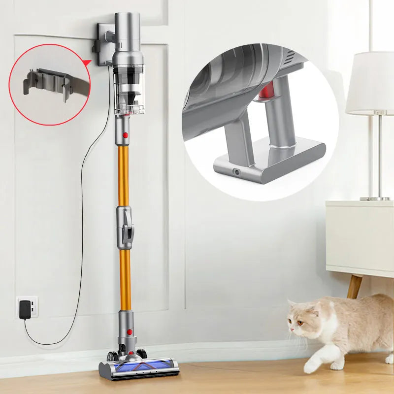Zynova Vacuum cleaner with attachments on a wooden floor, wall-mounted vacuum cleaner, and cat in the background.