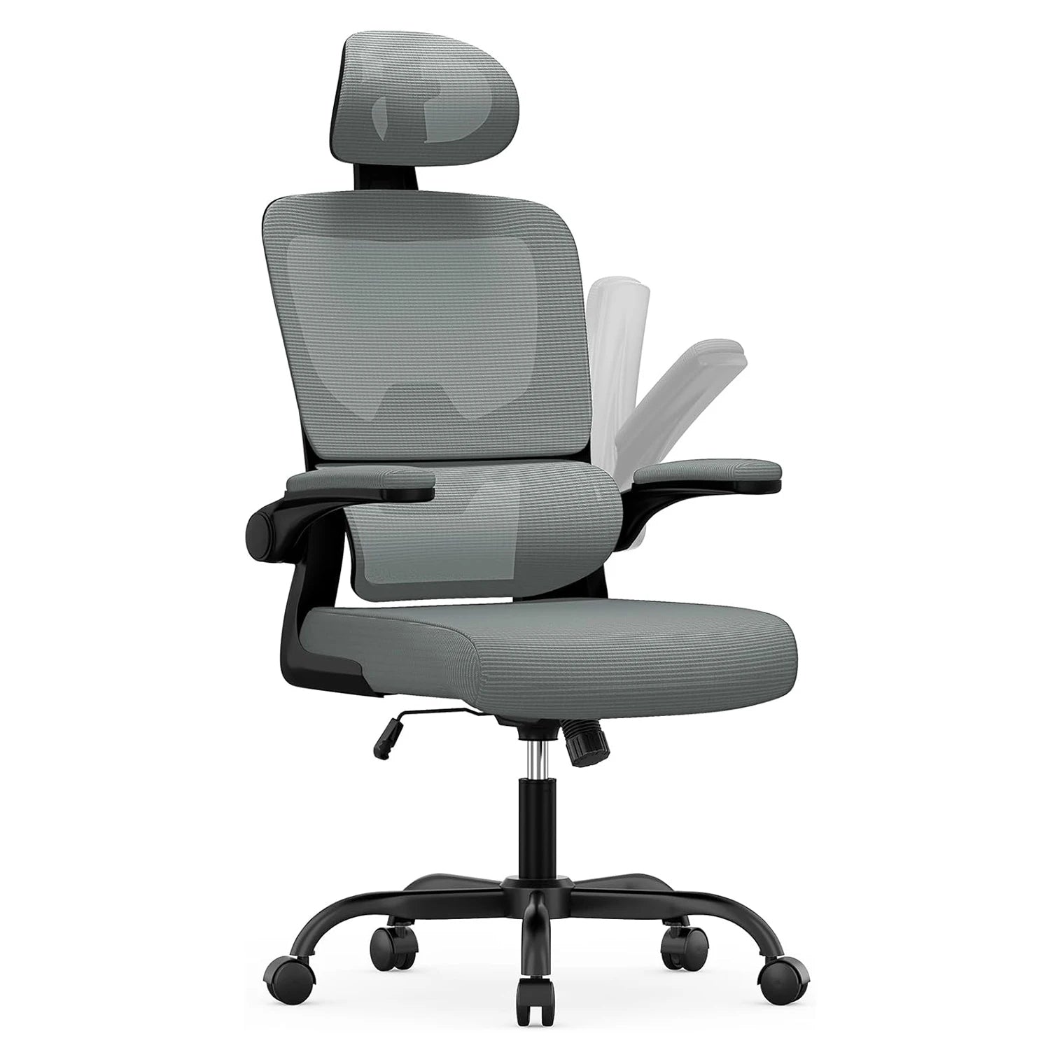 Gray aerivax office chair with mesh back and adjustable armrests on a white background
