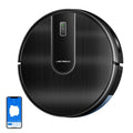 Black AeroBot N7S robot vacuum cleaner with smartphone app interface on a white background