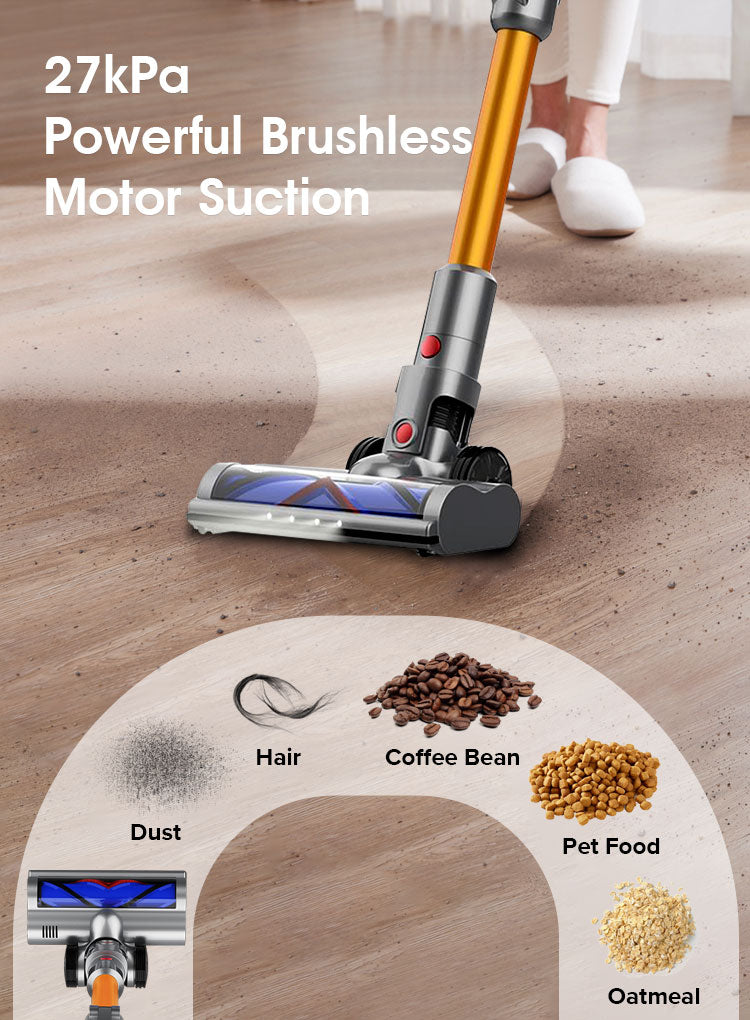 auralink Hypersonics Pro Vacuum Cleaner with text about powerful brushless motor suction on a wooden floor.