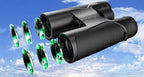 Black BixCelix Binoculars with green lenses against a blue sky background
