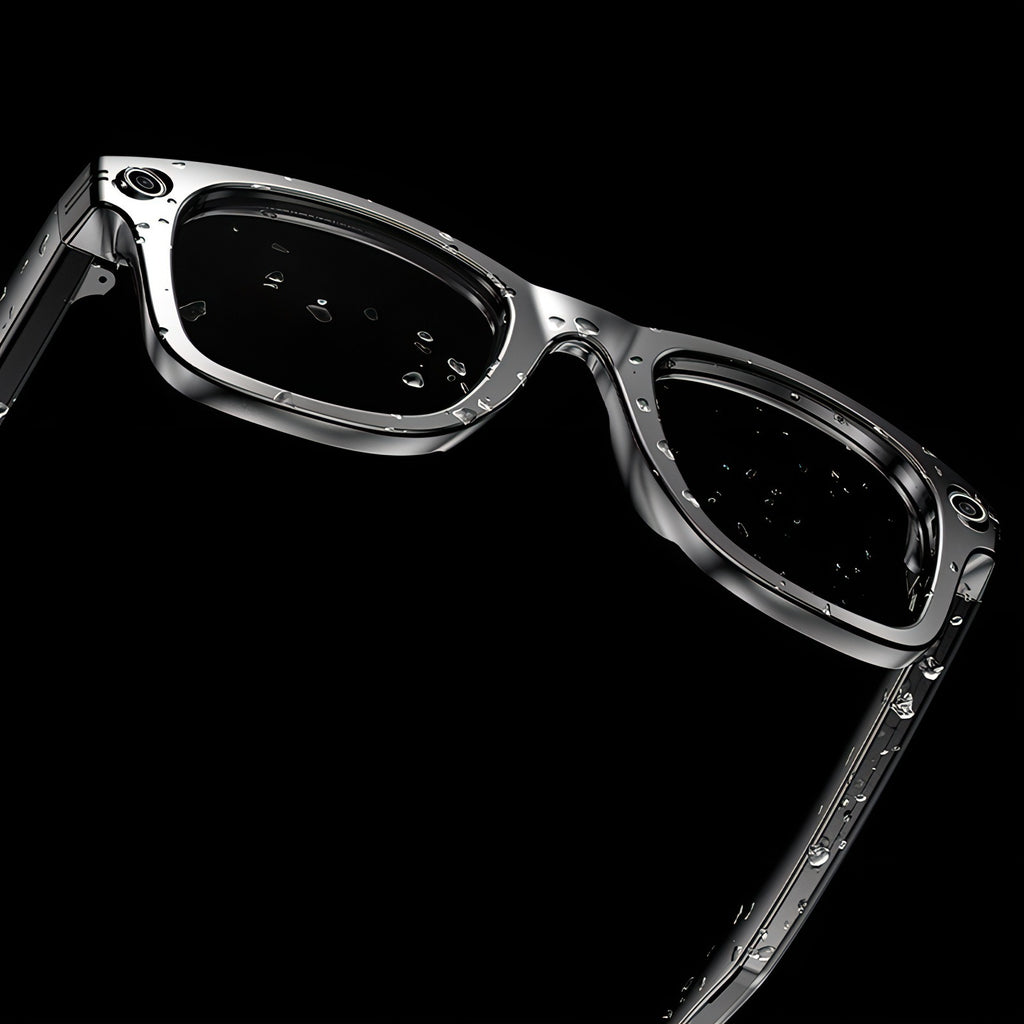 Black Keovy Smart Glasses with a metallic frame on a black background