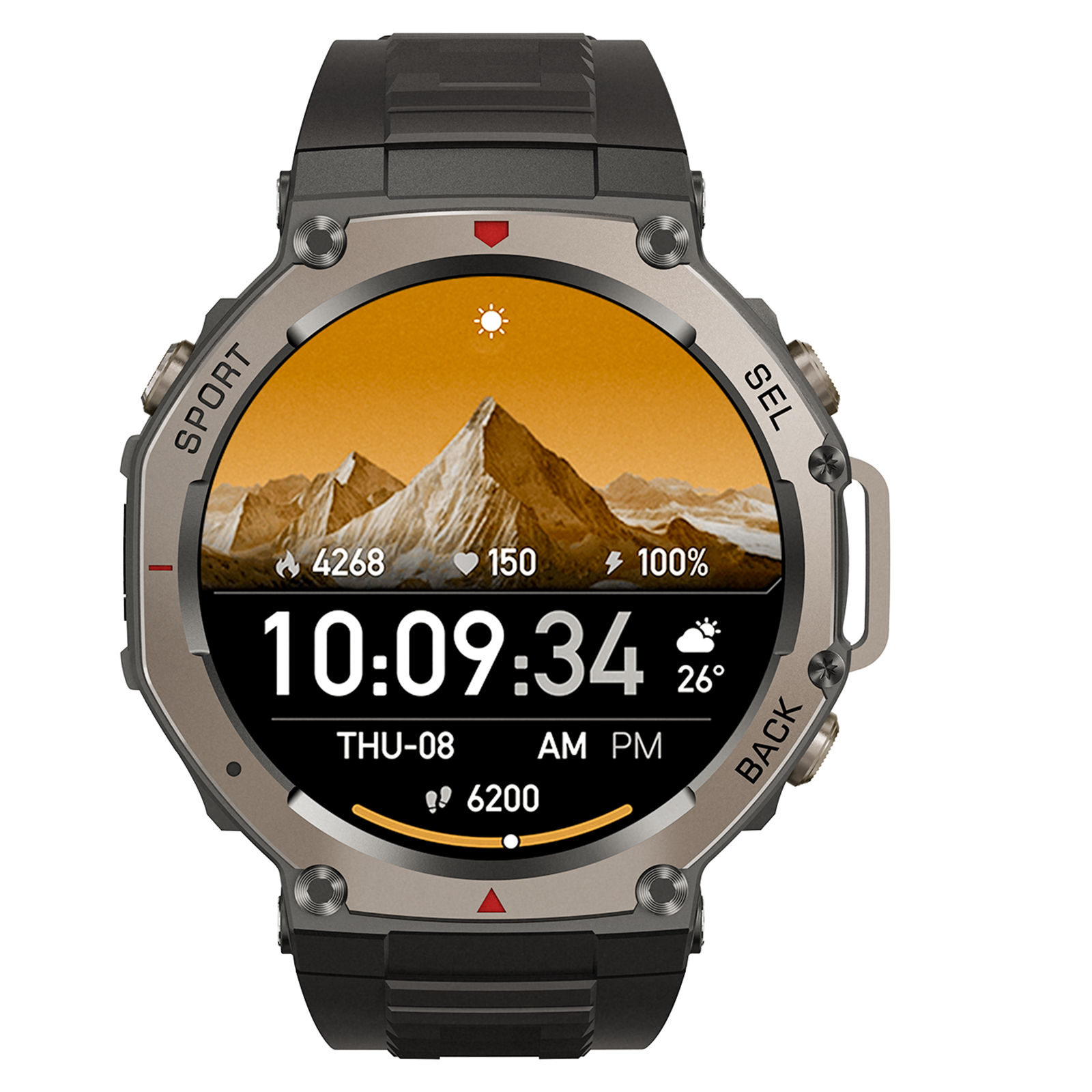 Lumivo Sports Smartwatch with mountain display on a white background