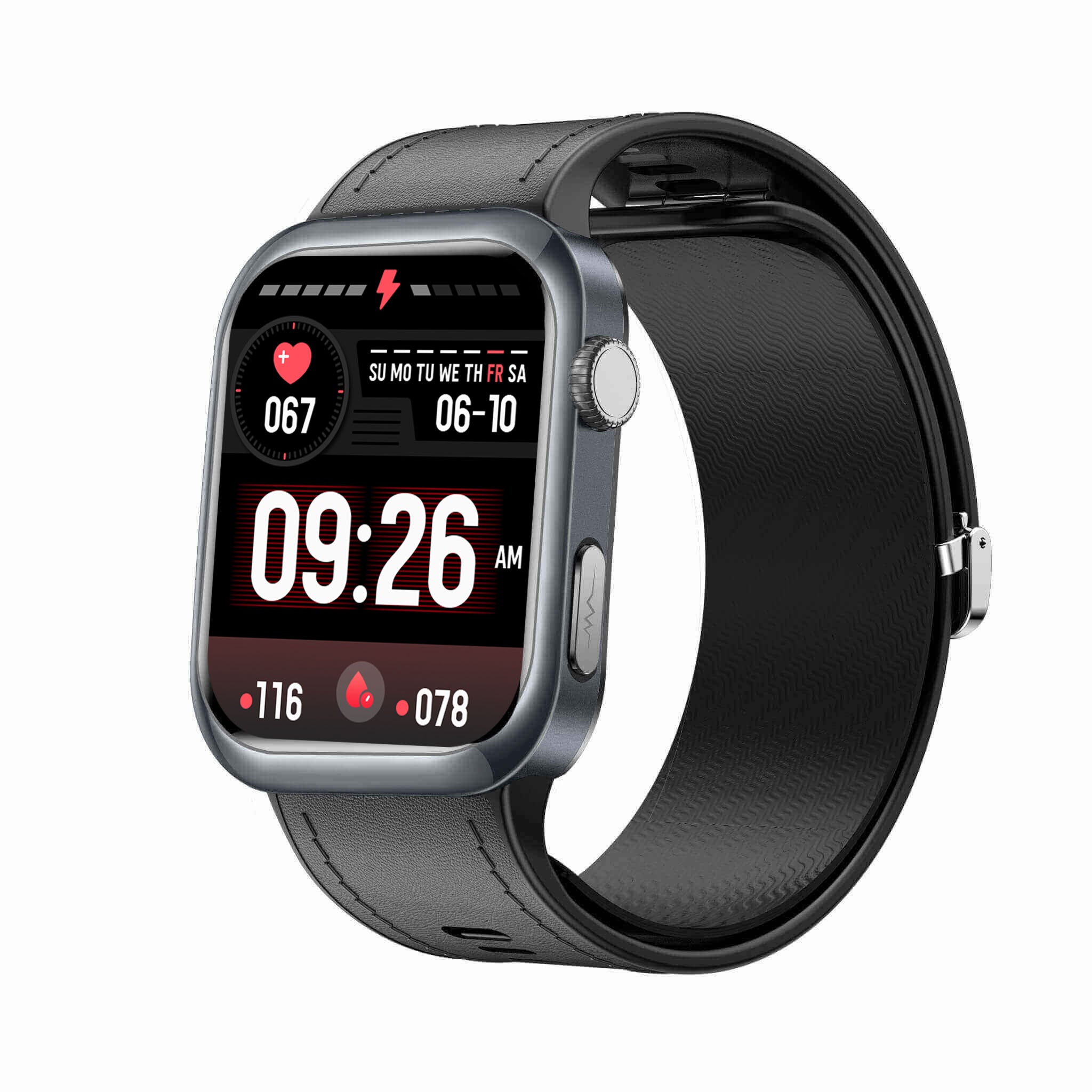 Pilotax Blood Pressure Smartwatch with a black band on a white background