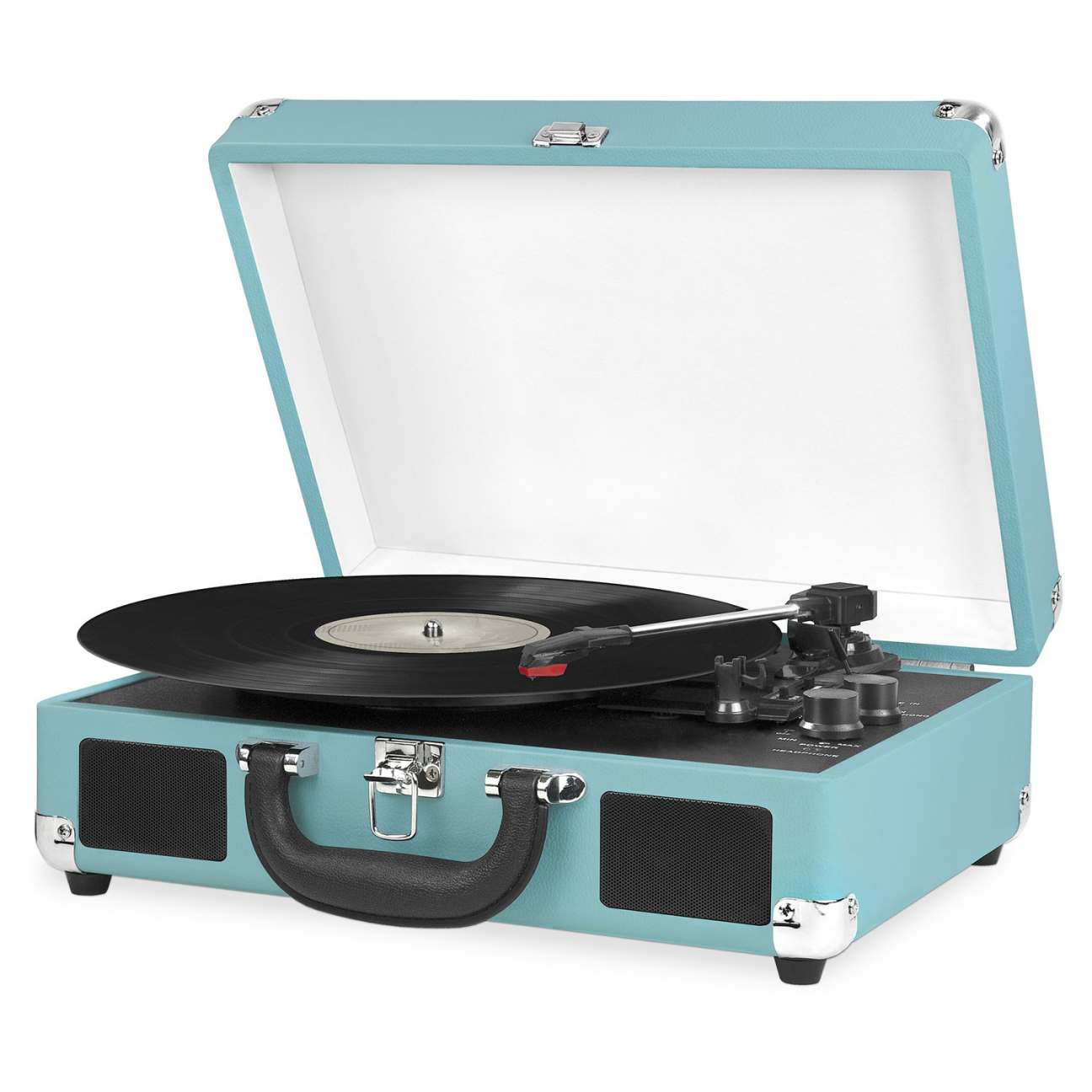 Turquoise Auryvox Heritage VT-80 Portable Turntable with open lid on a white background