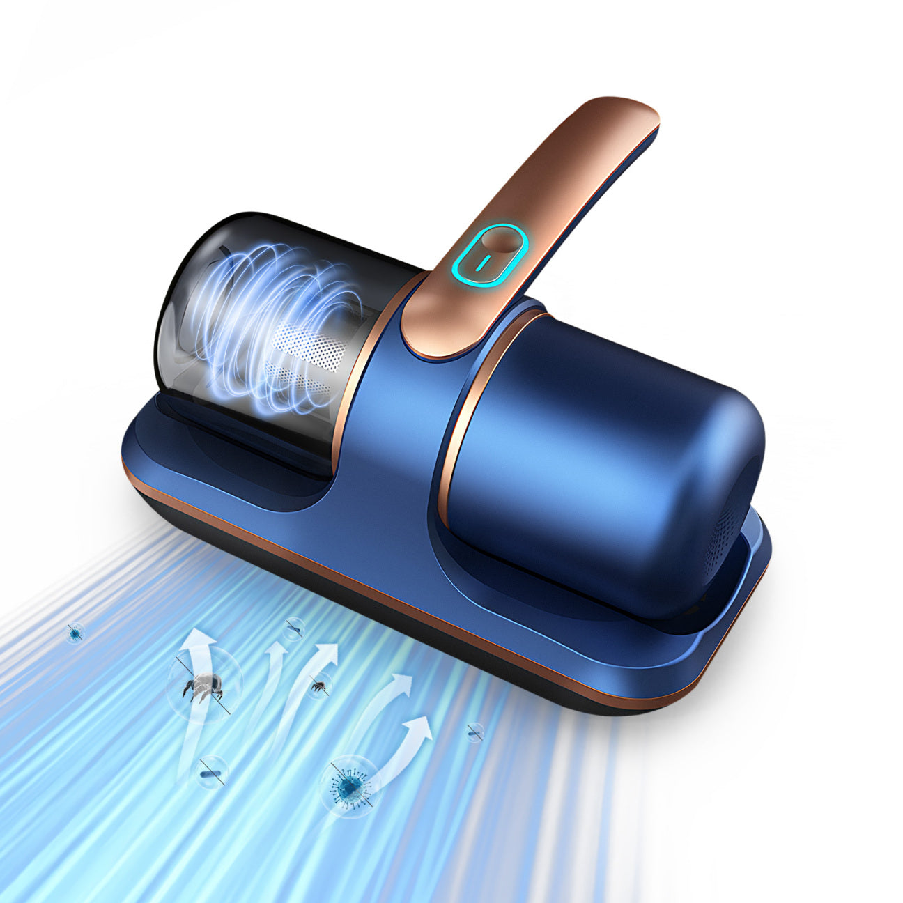 Blue and bronze handheld Smaven Mattress Vacuum Cleaner with a glowing effect on a white background