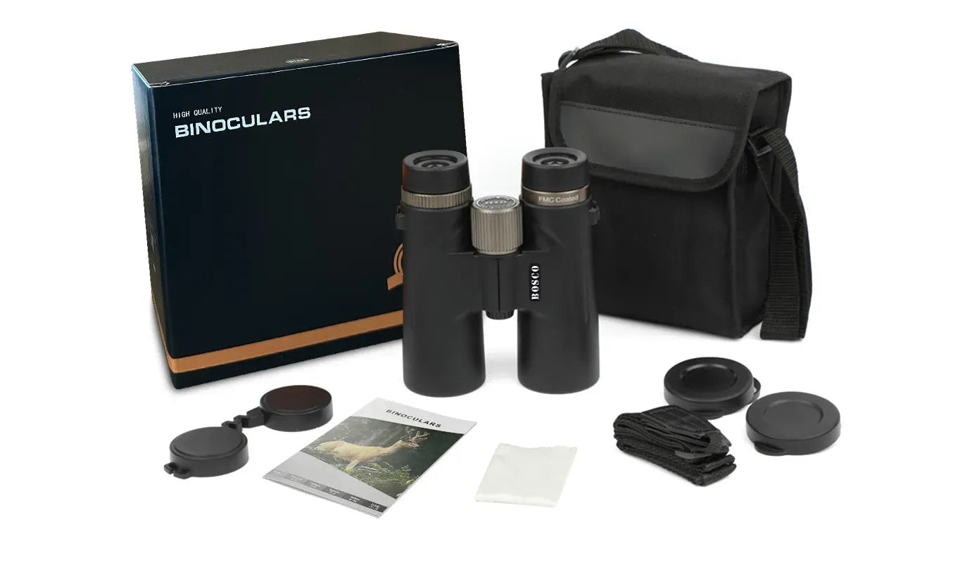 bosco Binoculars with accessories and carrying case on a white background
