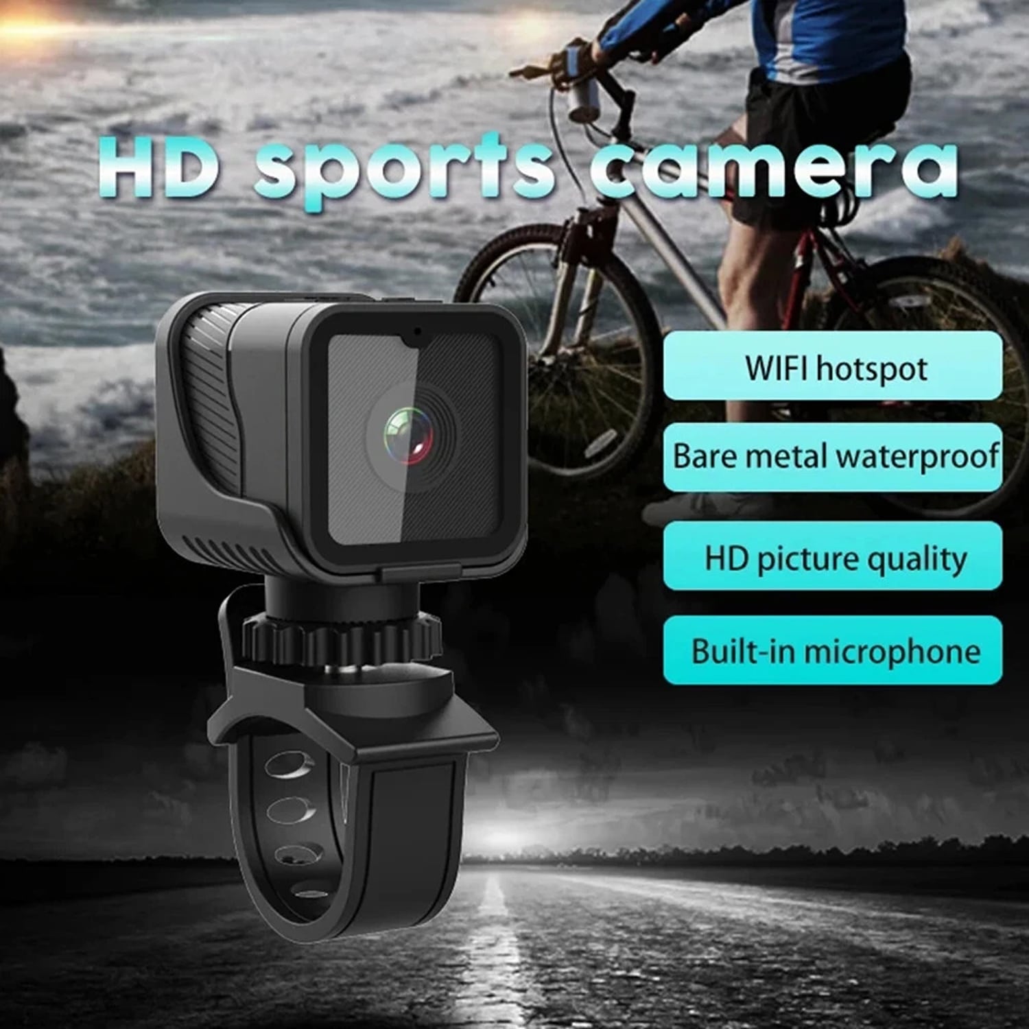 HD sports CyKamera with features listed on a scenic background