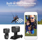 Action CyKamera with built-in Wi-Fi connection, shown with a smartphone displaying a photo of two people paragliding.