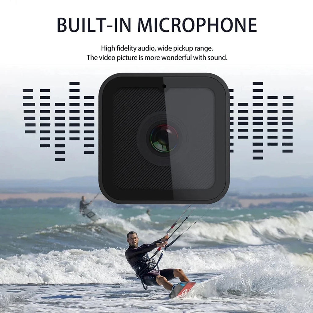 CyKamera with built-in microphone overlay on a background of a person kite surfing.