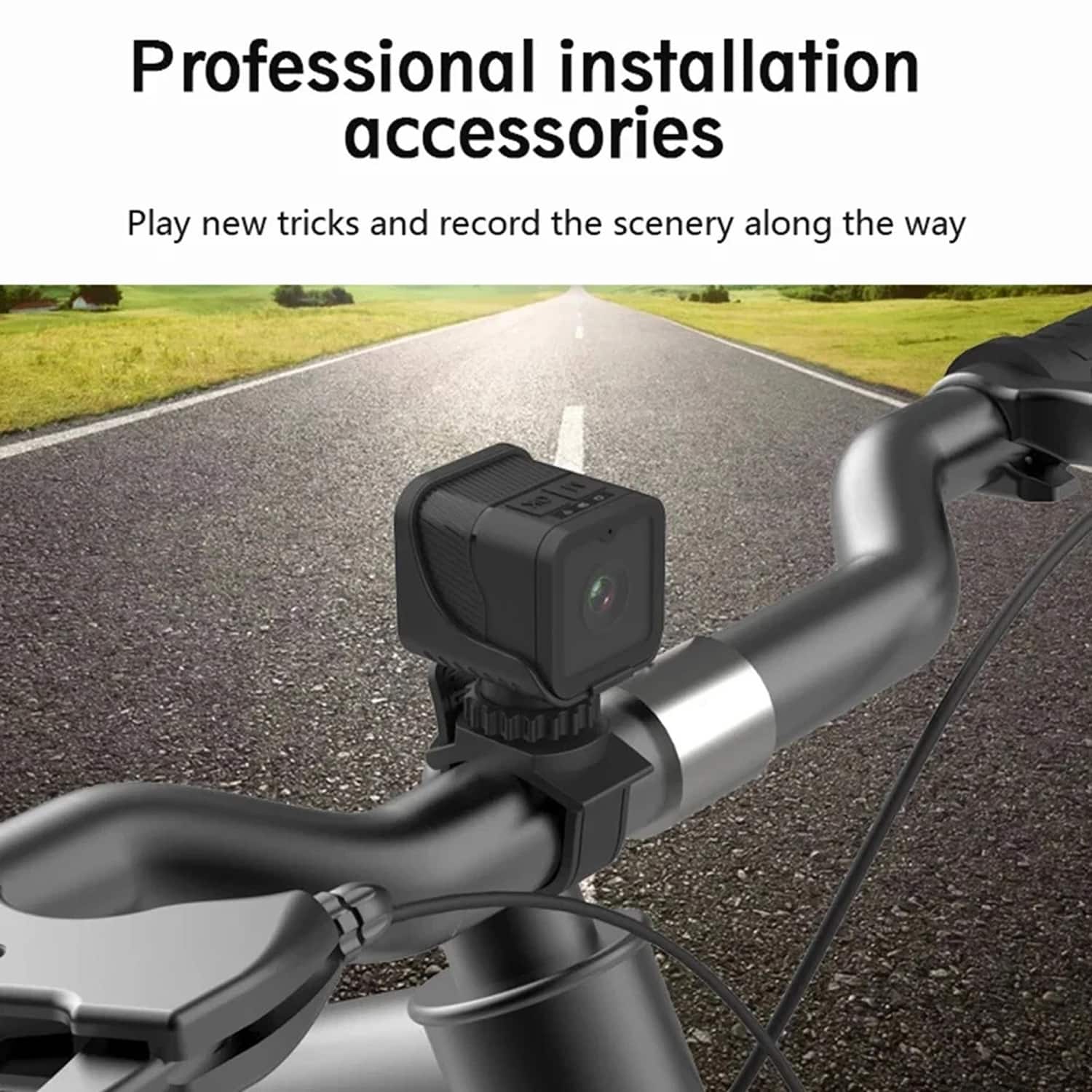 CyKamera mounted on a bike handlebar with a scenic road in the background