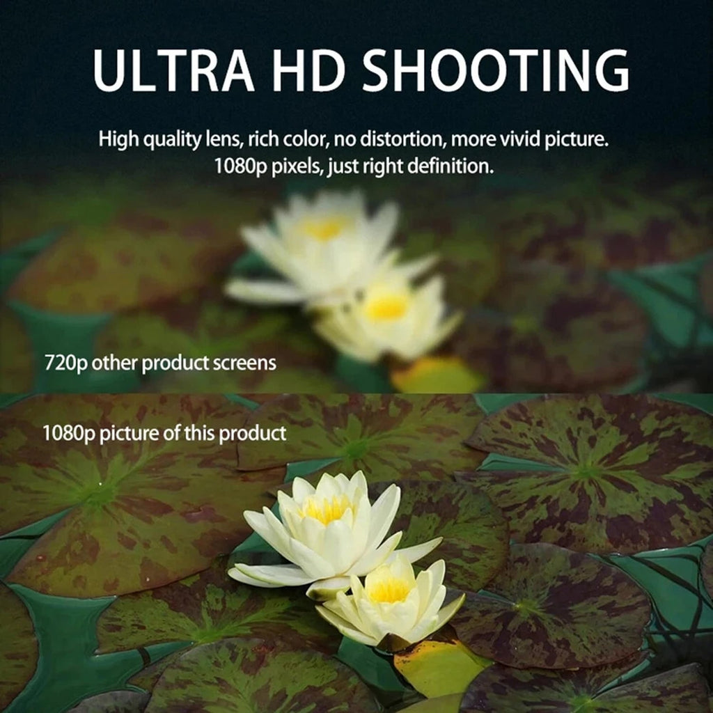 White water lilies on green leaves with text about ultra HD shooting quality.