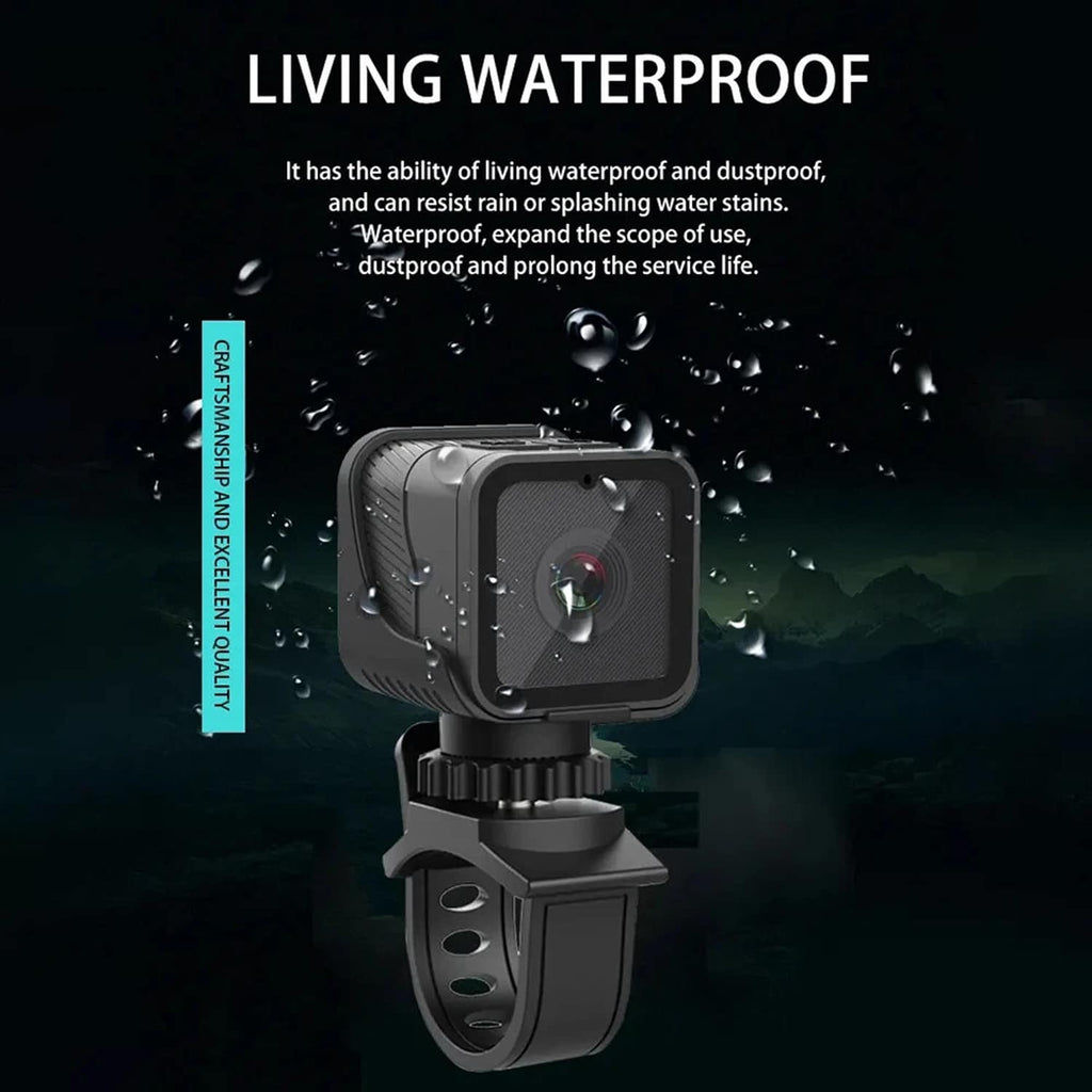 Waterproof action CyKamera with text highlighting its living waterproof feature on a dark background.