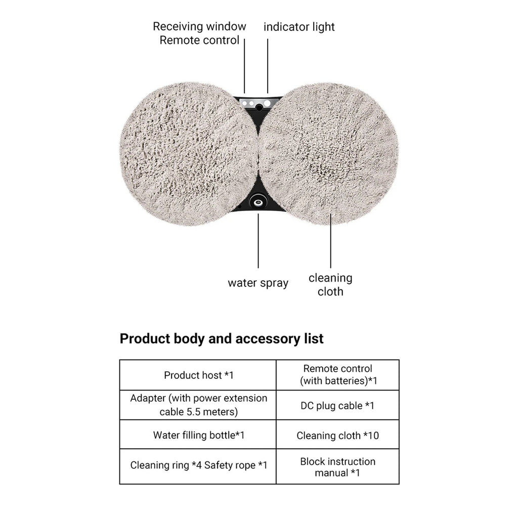 Diagram of a GlovaBoto Window Cleaning Robot with labeled parts and an accessory list on a white background.