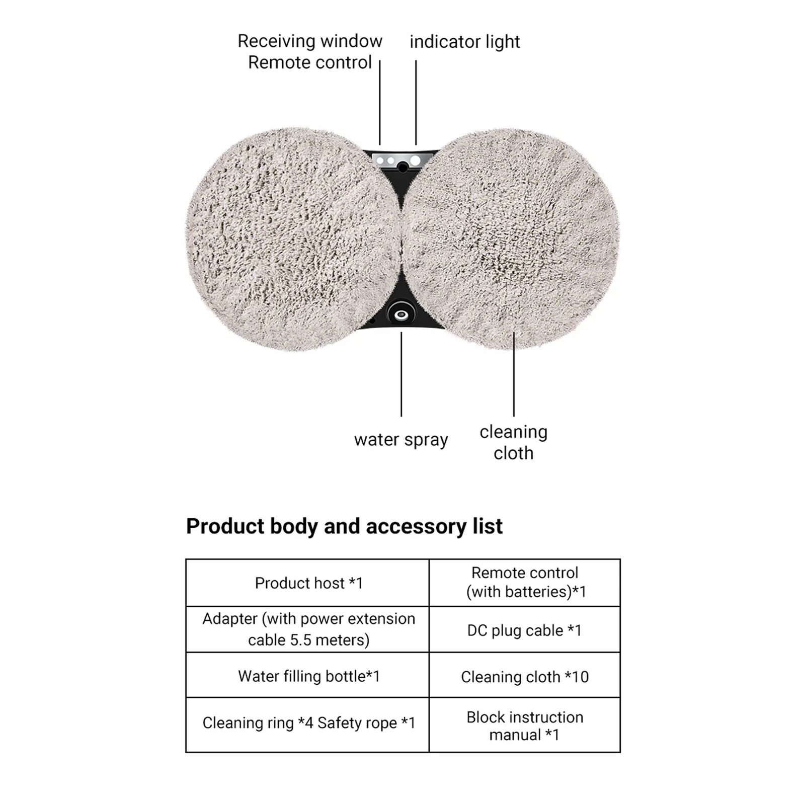 Diagram of a GlovaBoto Window Cleaning Robot with labeled parts and an accessory list on a white background.